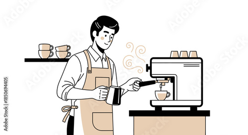 Barista preparing espresso in a coffee shop, illustration of a man in an apron making coffee using