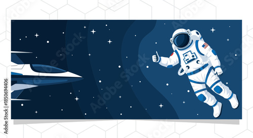 Astronaut giving a thumbs up in space near a spaceship exploration and discovery in cosmos