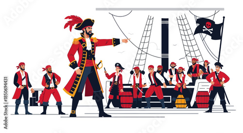 Captivating illustration of a pirate captain and his crew aboard a ship for adventure