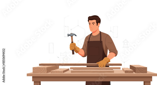 Carpenter at work with hammer and wood planks in workshop crafting furniture