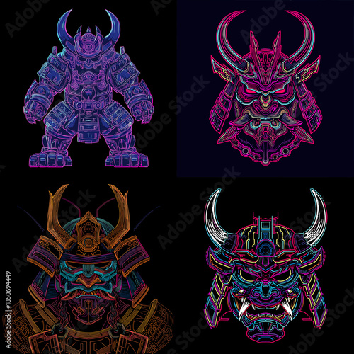 Neon samurai mask and armored warrior illustrations rendered with glowing lines and cyber fantasy aesthetics for gaming avatars and futuristic character branding.