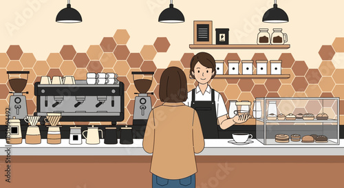 Charming coffee shop scene with barista serving customer in a cozy environment
