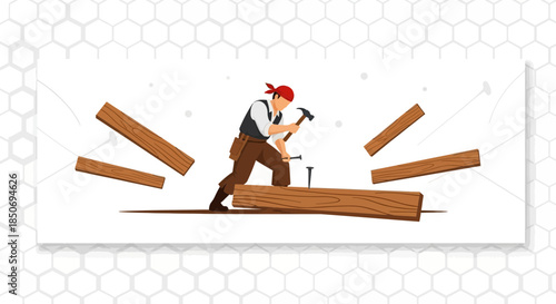 Craftsman at work with a hammer, illustrating manual labor and carpentry skills in a vector