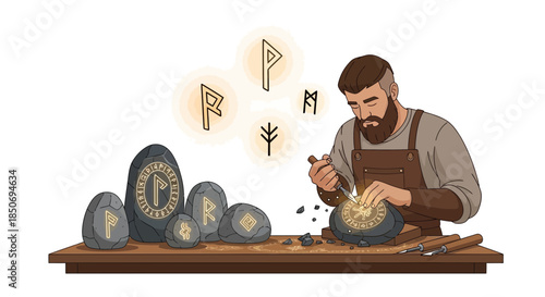 Craftsman meticulously carves runes into stone in workshop illuminating ancient symbols,