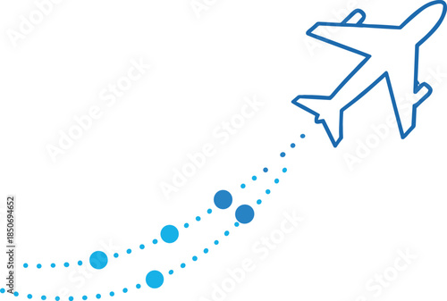 Minimalist blue airplane outline vector icon with dotted flight path trail for travel tourism and global aviation logistics