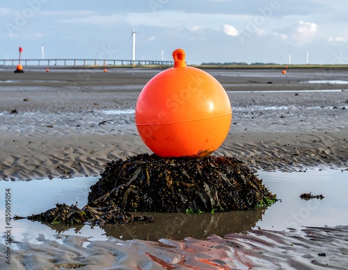 Vivid orange buoy atop seaweed, coastal scene with windmills afar