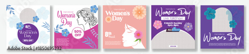 8 March Womens Day Instagram Post Ads Template Pack Square Flyer Poster Designs Web Banner Bundle Floral Vector Background Female Face Silhouette Marketing Collection Set