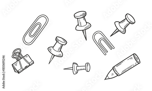Hand drawn office stationery set with paper clips and pins