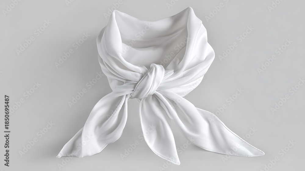 Naklejka premium Minimalist studio shot of clean white bandana, perfect for branding projects. Fabric accessory features simple knot, elegant folds, pure cotton silk texture. Ideal for fashion.