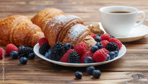 Freshly Baked Croissant with Mixed Berries and Coffee on Wooden Table for Delicious Breakfast