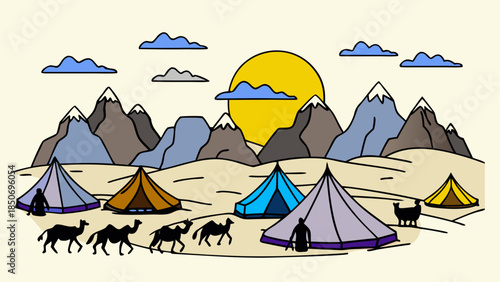 Desert camp under sunset