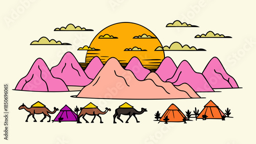 Desert sunset with camels and tents