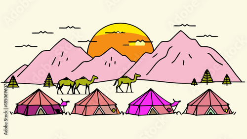 Desert camp under mountain sunset