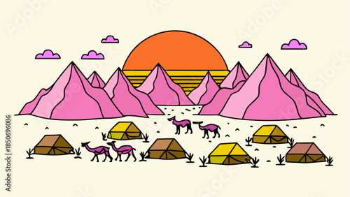 Desert sunset with camels and tents