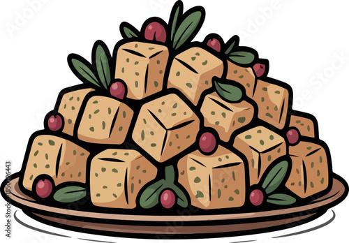 Christmas stuffing vector illustration with bread cubes herbs and cranberries on festive platter