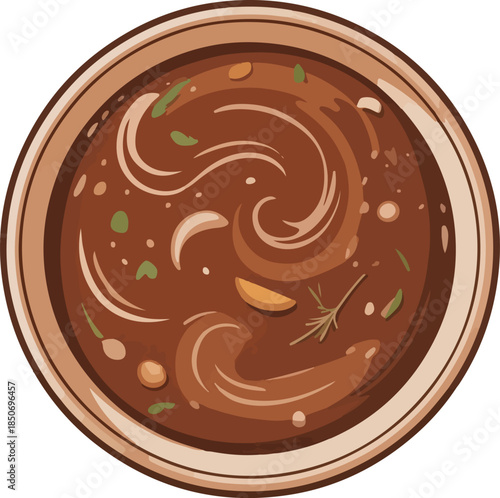 Christmas gravy bowl cartoon vector illustration with thick savory sauce and herbs top view