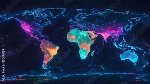 Vibrant global map at night with colorful city lights shining brightly worldwide