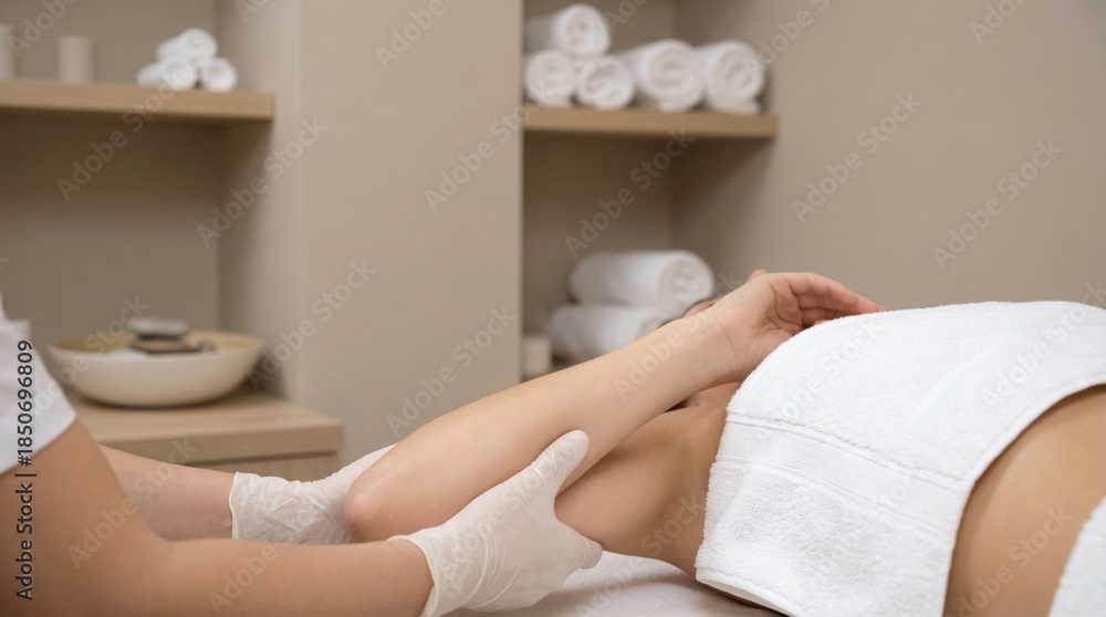 Fototapeta premium Professional masseuse performing a relaxing leg massage on a client in a spa setting.