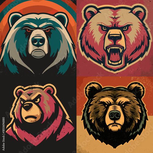 Bold bear mascot head illustrations in retro graphic style expressing strength emotion and personality ideal for sports branding logos and character design.