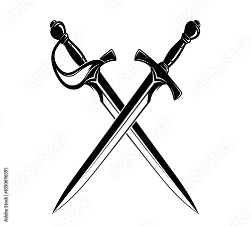 A dramatic black and white illustration depicting two crossed swords symbolizing conflict power and historical warfare