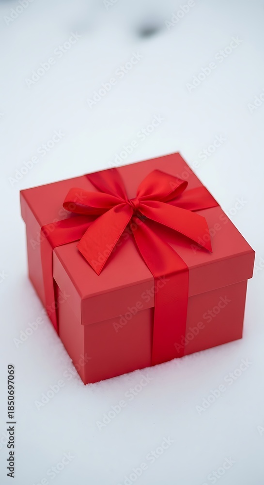 Fototapeta premium A vibrant, red square gift box with a matching ribbon and bow sits atop a snowy white surface. The background is blurred