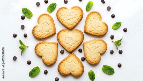 Heart Shaped Cookies with Chocolate Chips and Mint Leaves