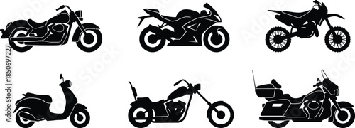 Motorcycle Silhouette Vector Set of Cruiser, Sport, Dirt Bike, Scooter, Chopper and Touring Bikes
