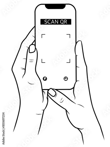 Black and white illustration of hands scanning QR code on smartphone screen. Ideal for tech, app, and digital interface designs