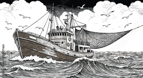 Vintage commercial fishing trawler boat with large nets sailing on rough ocean waves with seagulls vector illustration