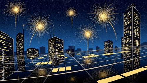 Cityscape Fireworks Display: A stunning night scene illuminates a cityscape, featuring modern skyscrapers and vibrant fireworks cascading across the night sky.