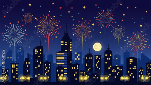 Night Cityscape: Fireworks illuminating a silhouetted cityscape under a starry night sky, with a full moon adding to the magical ambiance.