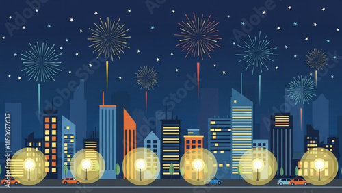 City Fireworks Extravaganza: The night sky ignites with a dazzling display of fireworks, illuminating the city skyline and creating a sense of excitement and celebration.