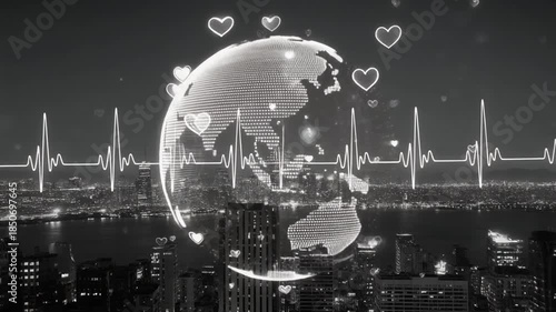 Digital Earth Globe with Heartbeat Line Over Dark City Skyline at Night