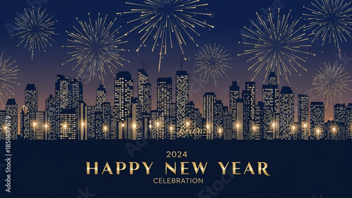 New Year's Eve Cityscape Celebration: An animated night scene, depicting a majestic skyline illuminating as fireworks erupt, with Happy New Year 2024 inscription.
