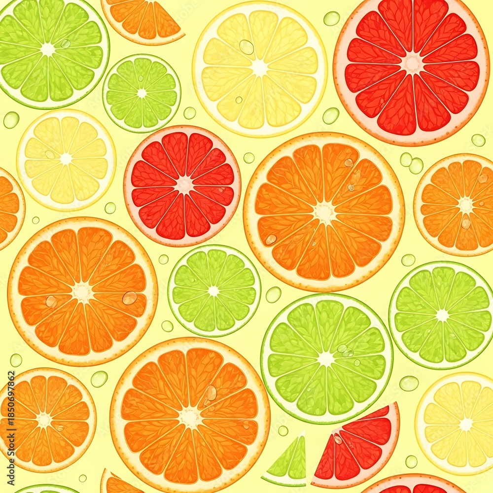 Obraz premium A vibrant, repeating pattern of citrus fruits. Sliced oranges, grapefruits, limes, and lemons fill the yellow backdrop