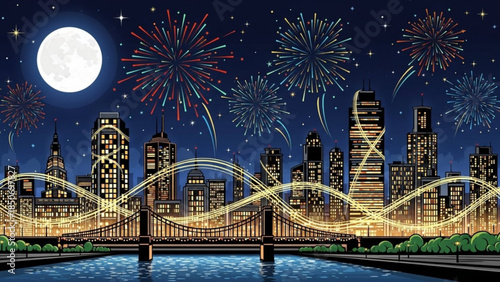 Cityscape Celebrates: A vibrant cityscape lights up the night sky with an dazzling display of fireworks, under the gaze of a full moon, symbolizing celebration, unity and vibrant city life.
