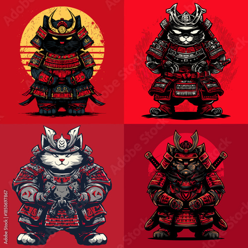 Samurai animal warrior characters in bold armor illustrated with dramatic lighting and intense poses for fantasy mascots gaming icons and battle themed designs.