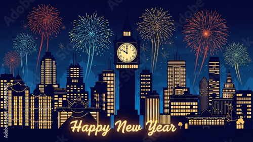 New Year's Eve Cityscape: As the clock strikes midnight, vibrant fireworks illuminate the iconic cityscape, celebrating the dawn of a new year. A festive and jubilant atmosphere.