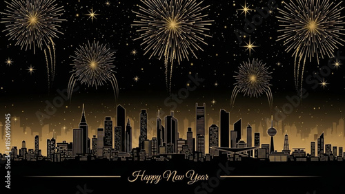 Golden Celebration: Fireworks erupt in a dazzling display, illuminating a majestic city skyline against the night sky, creating a vibrant atmosphere of festivity and excitement.