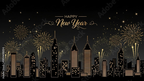Celebratory New Year Silhouette: Glimmering fireworks erupt above a skyline of stylized skyscrapers, with Happy New Year inscribed in elegant script, ushering in a season of hope and new beginnings.
