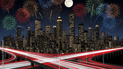 City Night Spectacle: A vibrant cityscape erupts with fireworks under a moonlit sky, with highways weaving through the illuminated skyscrapers, offering a spectacle of urban energy and celebration. 