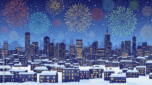 City Skyline Fireworks: Colorful bursts of light illuminate the night sky over a snow-covered urban cityscape, with illuminated buildings reflecting the festive atmosphere