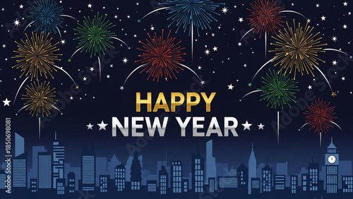 New Year's Eve Celebration: Festive fireworks explode over a cityscape against the backdrop of a starry night, heralding the arrival of a new year. A visual spectacle of vibrant colors.