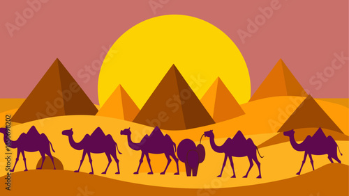 Caravan in the desert at sunset