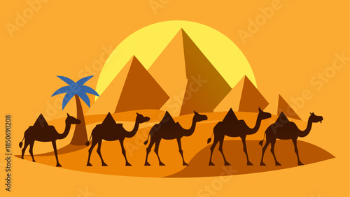 Camels in desert with pyramids