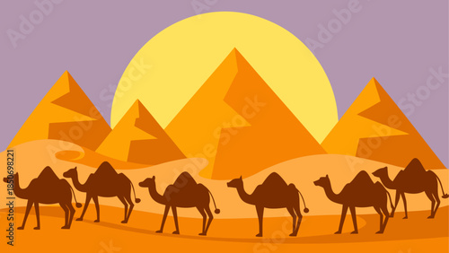 Desert sunset with pyramids and camels