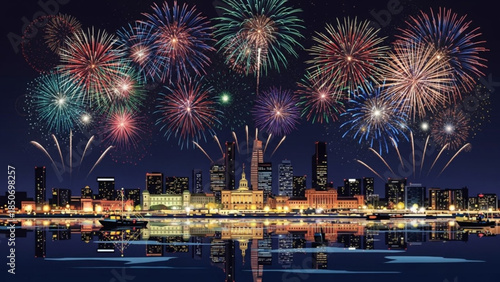 Festive City Skyline Illuminated: A mesmerizing spectacle unfolds as vibrant fireworks burst above a cityscape, painting the night sky with a symphony of color and light.