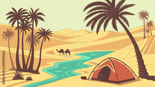 Desert oasis with camels and tent