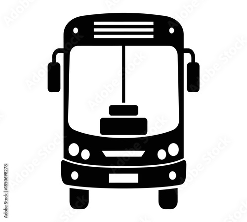 A simple black and white illustration depicting the front view of a public transportation bus with distinct features