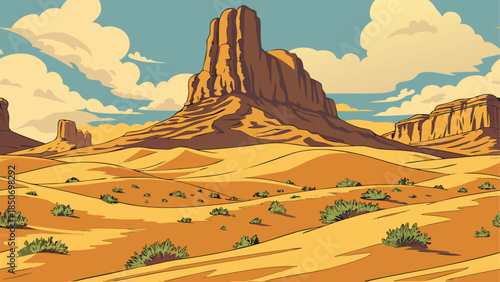 Vast desert landscape with towering rock formation